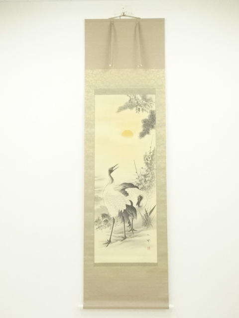 JAPANESE HANGING SCROLL / HAND PAINTED / TURTLE & CRANE